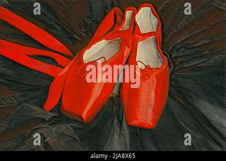 Scarpe a punta con balletto rosso appoggiate su un tutu nero. Foto Stock