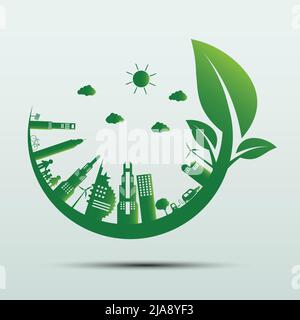 Ecology.Green città aiutare il mondo con eco-friendly concetto idee, illustrazione vettoriale Illustrazione Vettoriale