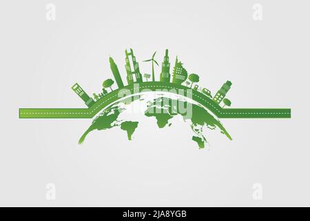 Ecology.Green città aiutare il mondo con eco-friendly concetto idee, illustrazione vettoriale Illustrazione Vettoriale