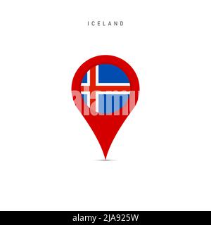 Marcatore mappa a goccia con bandiera dell'Islanda. Bandiera islandese inserita nel perno della mappa di posizione. Illustrazione piatta isolata su sfondo bianco. Foto Stock