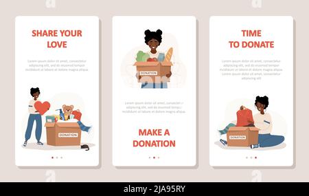 Concetto di donazione e beneficenza. Volontari africani donne con scatole piene di aiuto umanitario. Filantropia. Tempo di donazione. Condividi il tuo amore. Vettore Illustrazione Vettoriale