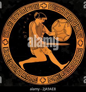 L'antico eroe greco Theseus con una spada e uno scudo in mano si prepara per un attacco. Disegno in una cornice con ornamento nazionale meandro su antiq Illustrazione Vettoriale