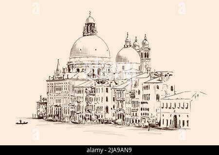 Schizzo della Cattedrale di Santa Maria a Venezia isolato su sfondo beige. Illustrazione Vettoriale