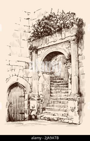 Frammento di un edificio urbano in pietra con scala a chiocciola, arco e porta. Illustrazione Vettoriale