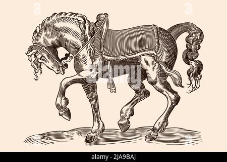 Cavallo galoppante con imbracatura e sella isolata su sfondo beige. Immagine vettoriale che imita l'incisione medievale. Illustrazione Vettoriale