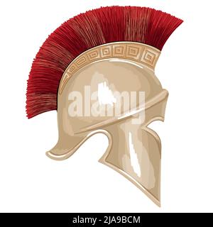 Casco dell'antico hoplite guerriero greco con ornamento a meandro nazionale isolato su sfondo bianco. Illustrazione Vettoriale