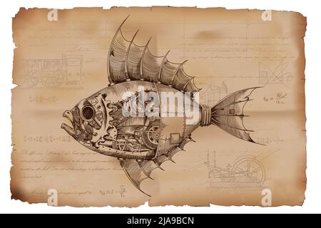 Pesce con corpo metallico a controllo meccanico in stile steampunk sullo sfondo di vecchia carta sbriciolata con disegni, formule e note tecniche. Illustrazione Vettoriale