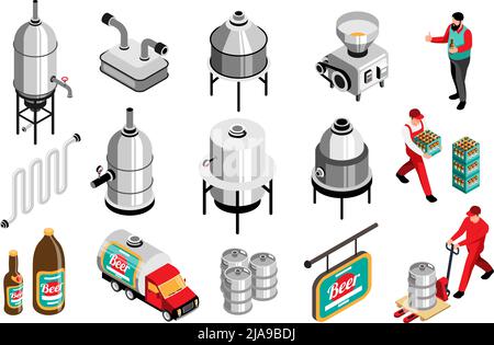 Brewhouse macchine per la produzione di birra lavoratori set isometrico con mulino a griglia fermentatori birra coltivatori casse isolato vettore illustrazione Illustrazione Vettoriale