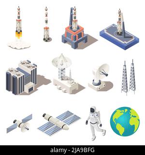 Ricerca spaziale icone isometriche insieme con razzo astronauta pianeta terra radar centro di comando isolato su sfondo bianco 3D illustrazione vettoriale Illustrazione Vettoriale