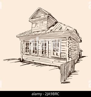 Paesaggio rurale con una vecchia casa in legno e una recinzione rotta. Disegno a mano su sfondo beige. Illustrazione Vettoriale