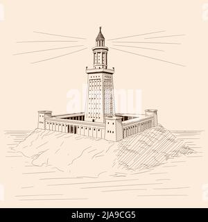 Il faro di Alexandria brilla sulla riva in pietra. Vettore schizzo meraviglia del mondo. Illustrazione Vettoriale