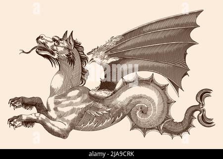 Drago con ali, bocca aperta e lingua sporgente. Disegno vettoriale nello stile dell'incisione medievale. Illustrazione Vettoriale