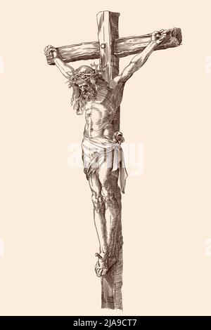 Gesù Cristo crocifisso su una croce di legno. Illustrazione vettoriale di una figura isolata su sfondo beige. Dettaglio di un'incisione di Albrecht Durer, Nu Illustrazione Vettoriale