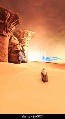 Fantasy paesaggio, guerriero medievale circondato da rovine di altri tempi, mondi perduti, statua di un guerriero con lancia e colonne. Deserto e dune di sabbia Foto Stock