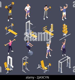 Palestra allenamento fitness persone attrezzatura isometrica set con panca di allenamento manubri campane sfondo nero vettore illustrazione Illustrazione Vettoriale