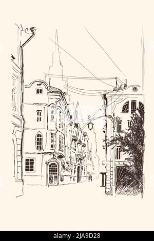 Strada della città antica con case in pietra. Illustrazione Vettoriale