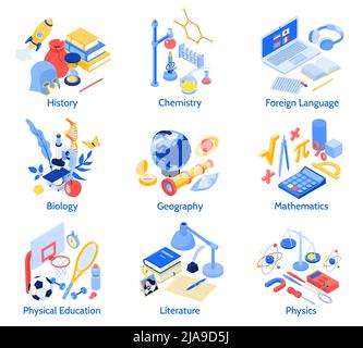 Set di composizioni isolate di soggetti scolastici con didascalie di testo e icone isometriche di illustrazione vettoriale di materiali educativi Illustrazione Vettoriale