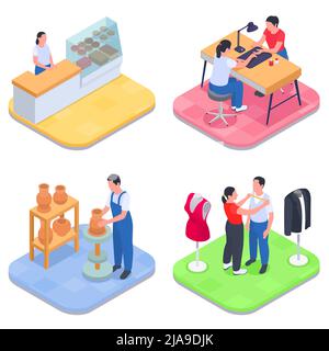 Isometrica piccola impresa proprietario famiglia impresa icona set venditore in pasticceria manicurista marinaio in atelier e potter illustrazione vettoriale Illustrazione Vettoriale