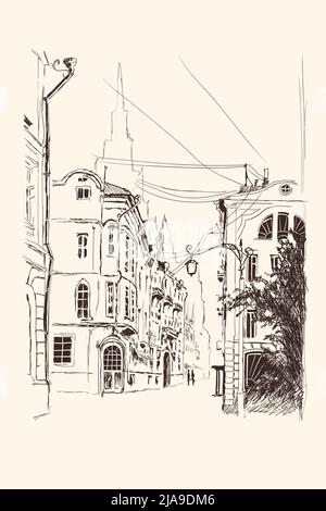 Strada della città antica con case in pietra. Illustrazione Vettoriale