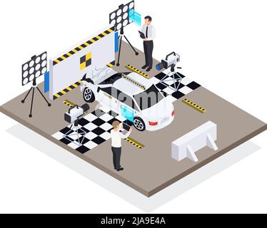Composizione isometrica per la sicurezza dell'auto in vista della pista di prova con illustrazione vettoriale dell'automobile danneggiata e delle persone Illustrazione Vettoriale