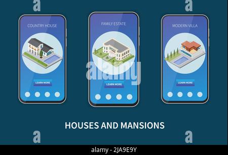 Case e palazzi composizione isometrica con informazioni sulla proprietà familiare in app mobile per illustrazione vettoriale smartphone Illustrazione Vettoriale