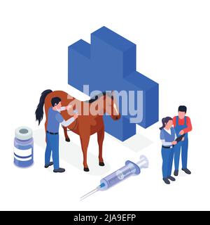 Animali da fattoria isometrici icona veterinaria impostare una situazione astratta con il logo medico cavallo medicine e veterinario illustrazione vettoriale Illustrazione Vettoriale