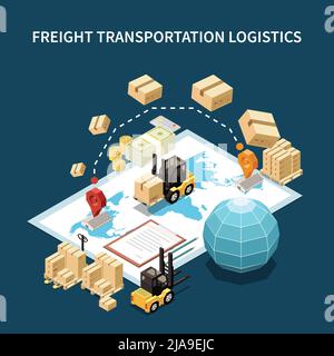 Approvvigionamento logistico approvvigionamento acquisto stoccaggio organizzare il trasporto mondiale materiali a partire da magazzino sfondo isometrico composizione vect Illustrazione Vettoriale