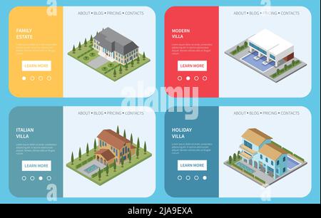 Mansion 2x2 design concept set di quattro landing page con informazioni su famiglia estate e vacanza villa isometrico vettore illustrazione Illustrazione Vettoriale