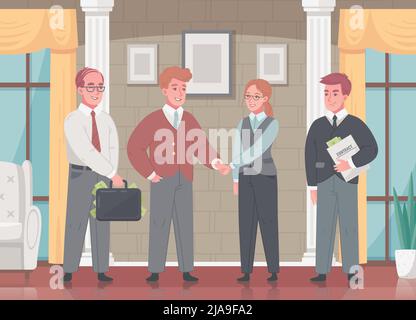 Corruzione riciclaggio di denaro in affari persone ottenere contratti con buste complete banconote tangente cartoon illustrazione vettoriale Illustrazione Vettoriale