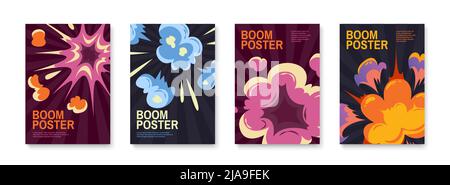 Set di quattro cartoni animati verticali con effetto boom con bomba esplosione bang nubi isolato vettore illustrazione Illustrazione Vettoriale