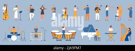 Set di colori per musicisti con icone isolate di strumenti musicali acustici e personaggi umani di artisti professionisti illustrazione vettoriale Illustrazione Vettoriale