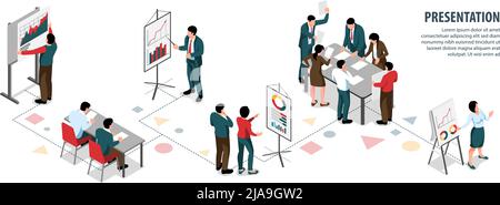 Presentazione di infografiche isometriche con il personale dell'ufficio che comunica su una riunione di lavoro o un'illustrazione vettoriale della conferenza Illustrazione Vettoriale