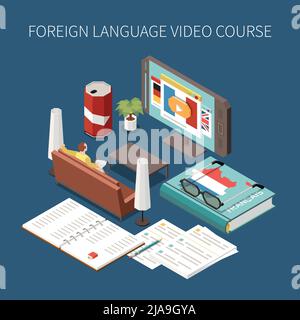Composizione isometrica del corso video in lingua straniera con 3D immagini di libro di testo per smartphone e personaggio umano a casa 3D illustrazione vettoriale Illustrazione Vettoriale
