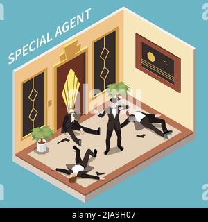 Agente speciale indossando tuta nera dopo il fuoco in sala con uomini uccisi circa 3D isometrici illustrazione vettoriale Illustrazione Vettoriale