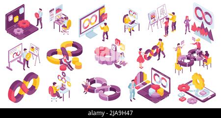 DevOps Engineering set isometrico con simbolo infinito a colori ruote dentate personaggi dei programmatori al lavoro 3D illustrazione vettoriale isolata Illustrazione Vettoriale