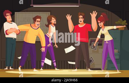 Composizione di persone in conflitto con scenari interni di ufficio e personaggi cartoni animati di persone che esprimono emozioni negative illustrazione vettoriale Illustrazione Vettoriale