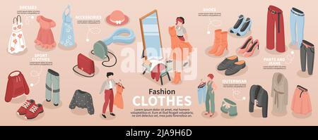 Abbigliamento moda infografica isometrica con abiti pantaloni scarpe accessori abbigliamento e uomo femminile personaggi 3D illustrazione vettoriale Illustrazione Vettoriale