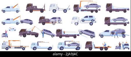 Trainare i carrelli per assistenza su strada con illustrazione vettoriale isolata del set piatto per il trasporto automatico trainato Illustrazione Vettoriale