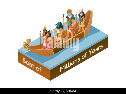 Miti dell'antico concetto di design isometrico dell'egitto con gruppo di divinità che galleggiano in un'illustrazione vettoriale del cartone animato della barca Illustrazione Vettoriale