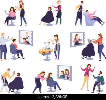 Parrucchieri barbieri e i loro clienti felici al salone di bellezza piatto set isolato vettore illustrazione Illustrazione Vettoriale
