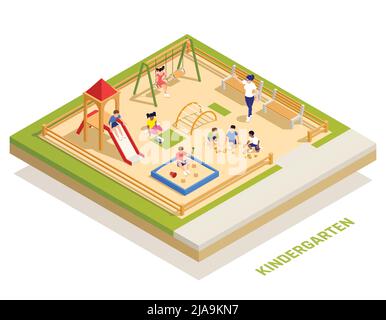 Composizione isometrica dell'asilo con i bambini giocare nella sandbox slide down slides e trascorrere del tempo giocando giochi attivi illustrazione vettoriale Illustrazione Vettoriale