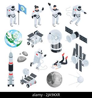 Set isometrico spaziale di attrezzature scientifiche e astronauti in spacesuits volare in nessun cosmo esterno gravità illustrazione vettoriale isolata Illustrazione Vettoriale