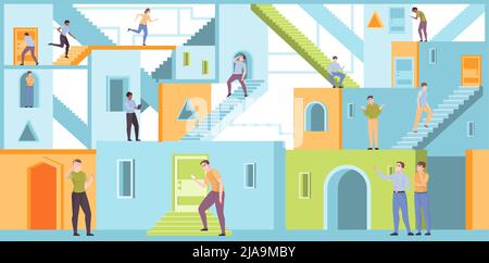 Persone che camminano all'interno del labirinto con porte finestre scale e pareti colorate illustrazione vettoriale piatta Illustrazione Vettoriale