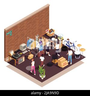 Mercato delle pulci e garage vendita composizione isometrica con i clienti che acquistano retrò merci illustrazione vettoriale Illustrazione Vettoriale