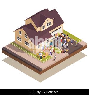 Vendita garage e composizioni del mercato delle pulci con casa isometrica e la gente shopping all'aperto vettore illustrazione Illustrazione Vettoriale