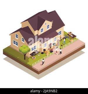 Vendita garage e composizione del mercato delle pulci con casa isometrica e la gente shopping all'aperto vettore illustrazione Illustrazione Vettoriale