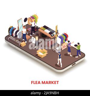 Vendita garage e composizione del mercato delle pulci con smartphone isometrico e persone che acquistano abiti vintage illustrazione vettoriale Illustrazione Vettoriale