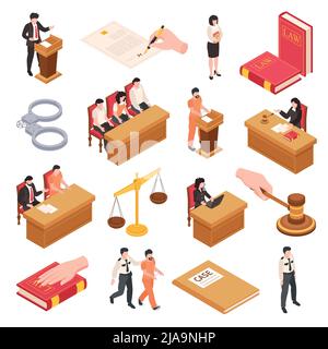 Legge e giustizia Isometrica serie di giuria giudice giudice giustizia scale legge codice libro manette isolato vettore illustrazione Illustrazione Vettoriale