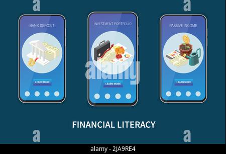 Pianificazione del budget banner web mobile set con portafoglio di investimento di depositi bancari e reddito passivo 3D isolato isometrico vettore illustrazione Illustrazione Vettoriale