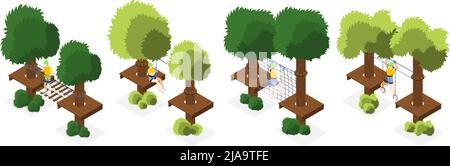 Set isometrico Adventure Park di zipline per scale in corda e altri ostacoli con elementi naturali illustrazione vettoriale isolata Illustrazione Vettoriale